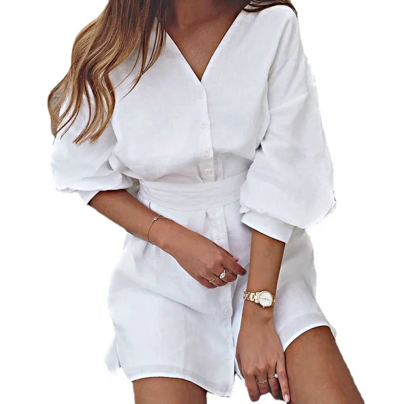 

2021 Women's Dress Sexy Party Spring Summer Straight Shirt Pure Cotton Vintage V-neck Belt Sashes Beach Slim Female Dress