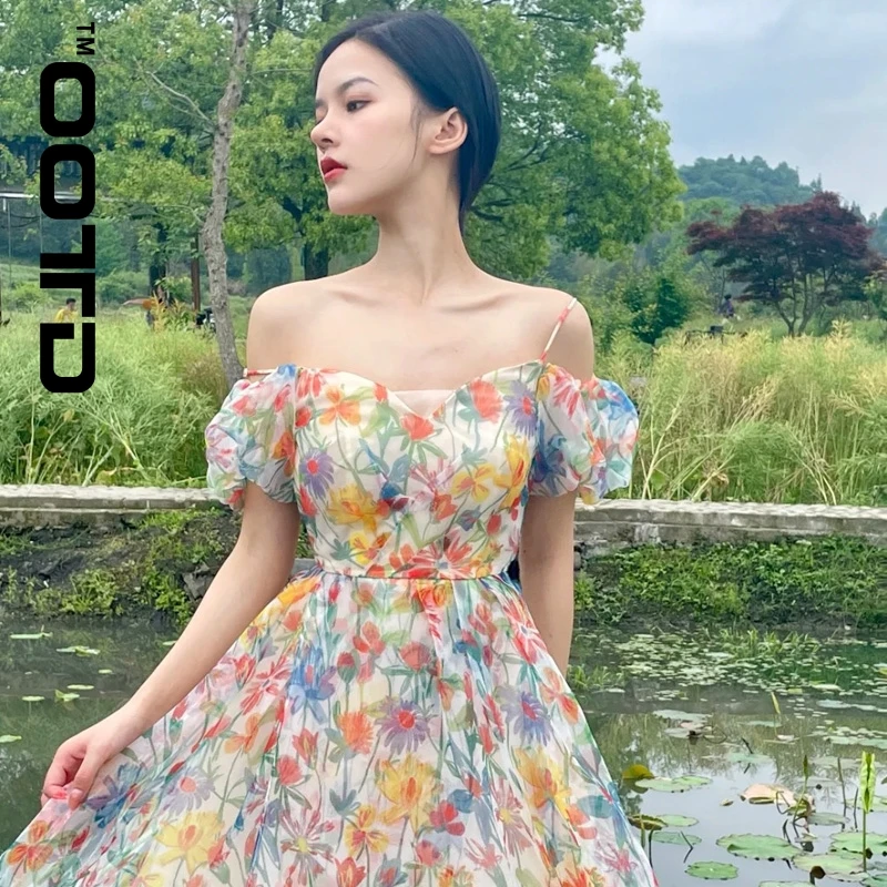 

Французская ретро-юбка OOTD, супер-сказочная юбка на бретелях, Новинка лета 2021, платье с завышенной талией на одно плечо и пышными рукавами, цв...