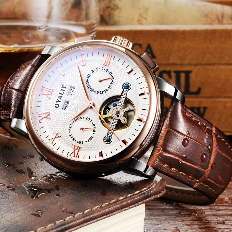 Fashion Hollow Watch Men's Multifunctional Automatic Machine Core Waterproof Genuine brown Leather Belt Watch