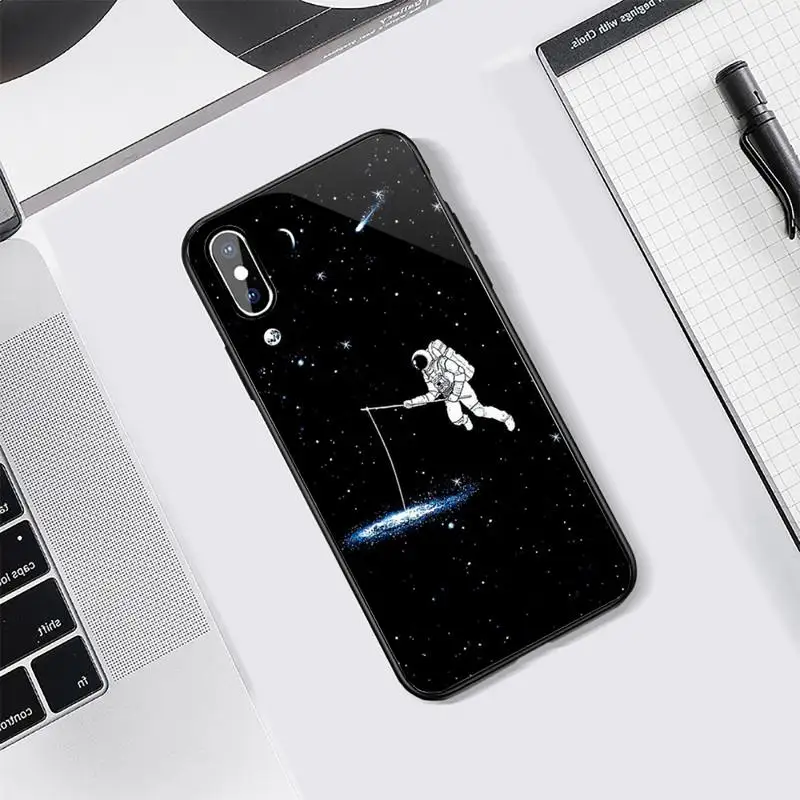 

Black White Moon Stars Space Astronaut Phone Case Tempered glass For iphone 5C 6 6S 7 8 plus X XS XR 11 PRO MAX