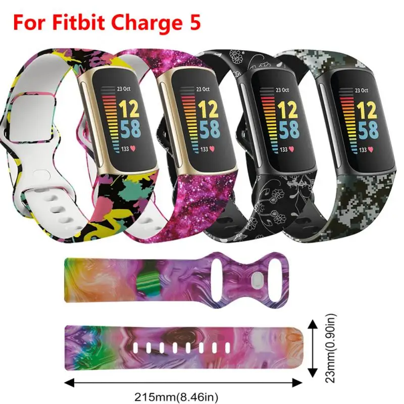 

Fitbit Charge 5 250/215mm Length Silicone Elastic Belt Bracelet Band Pattern Printing Strap Soft Colorful Wristband Accessories