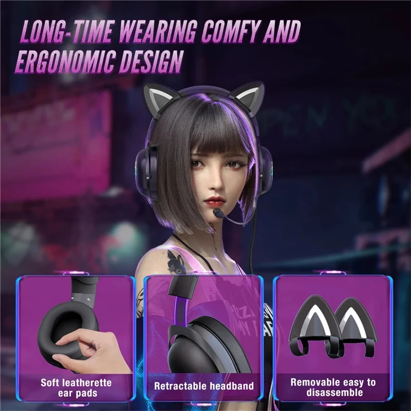 

New arrival cute girl pink cat ear headset with microphone noise reduction RGB wired gaming headset for computer Xbox one