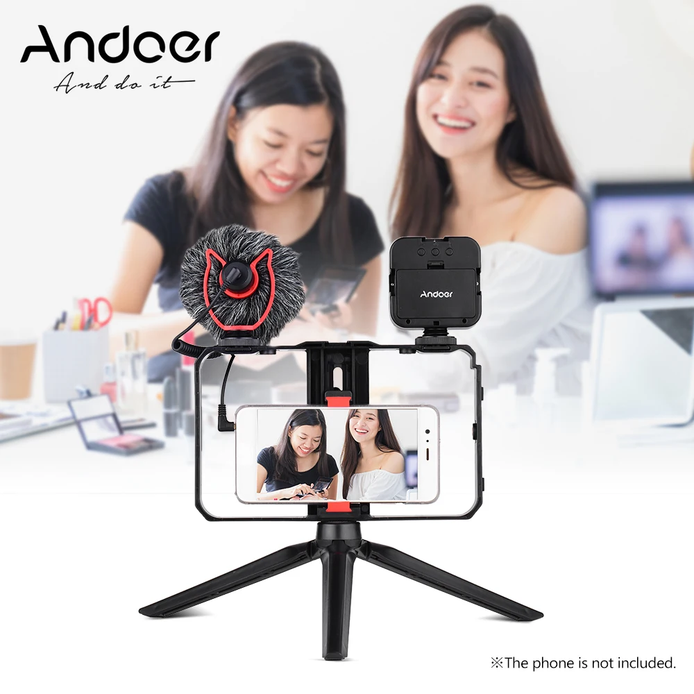 Andoer смартфон реечная оснастка корзины с светодиодный заполняющий свет микрофон