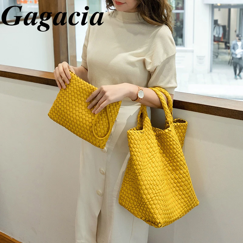 

Gagacia Women's Hand Woven Shopping Bags Large Capacity Bucket Shoulder Bag For Women 2021 New Woman's Composite Tote PU Handbag