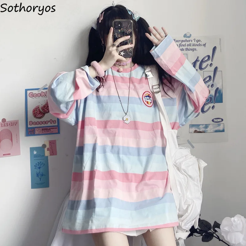 Футболка женская с длинными рукавами радужной расцветки милый Свободный