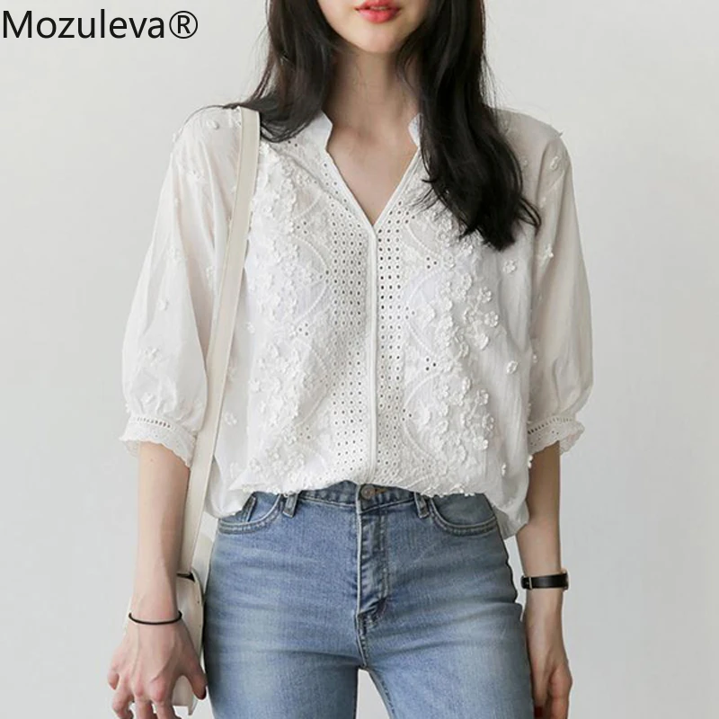 Mozuleva элегантное белое платье с v-образным вырезом и вышитыми цветами блуза