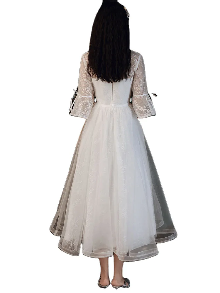 

Lady Elegant Mandarin Collar Banquet Dresses White Sweet Bow Exquisite Lace Ball Gown Temperament Chinese Formal Party Dress