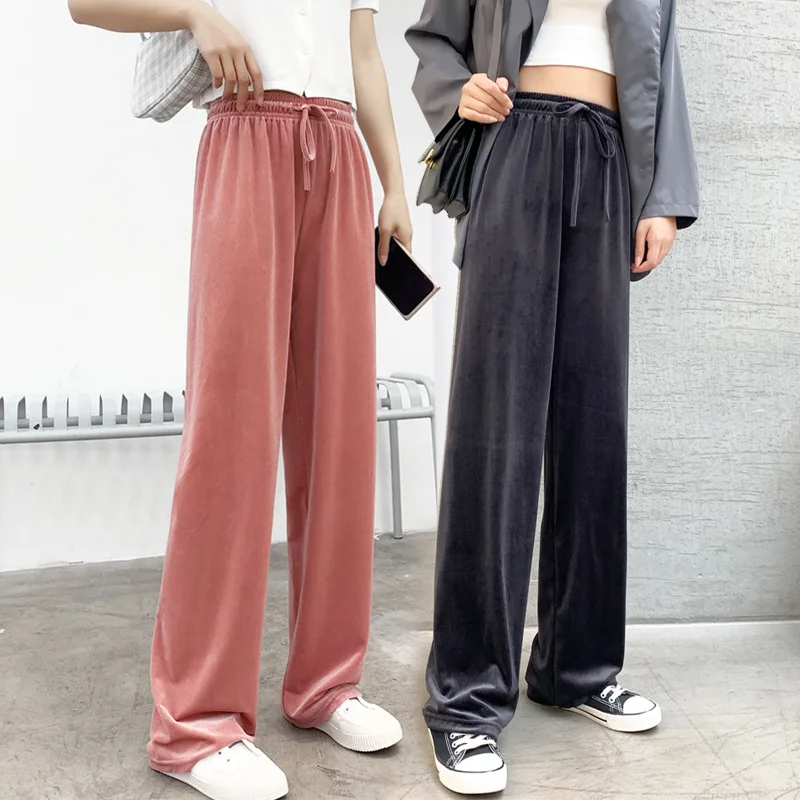 

Women's Pants Straight Female Trousers Wide Leg Korean Style Fashion Streetwear Vintage Velvet Casual Loose Pants Suits Office