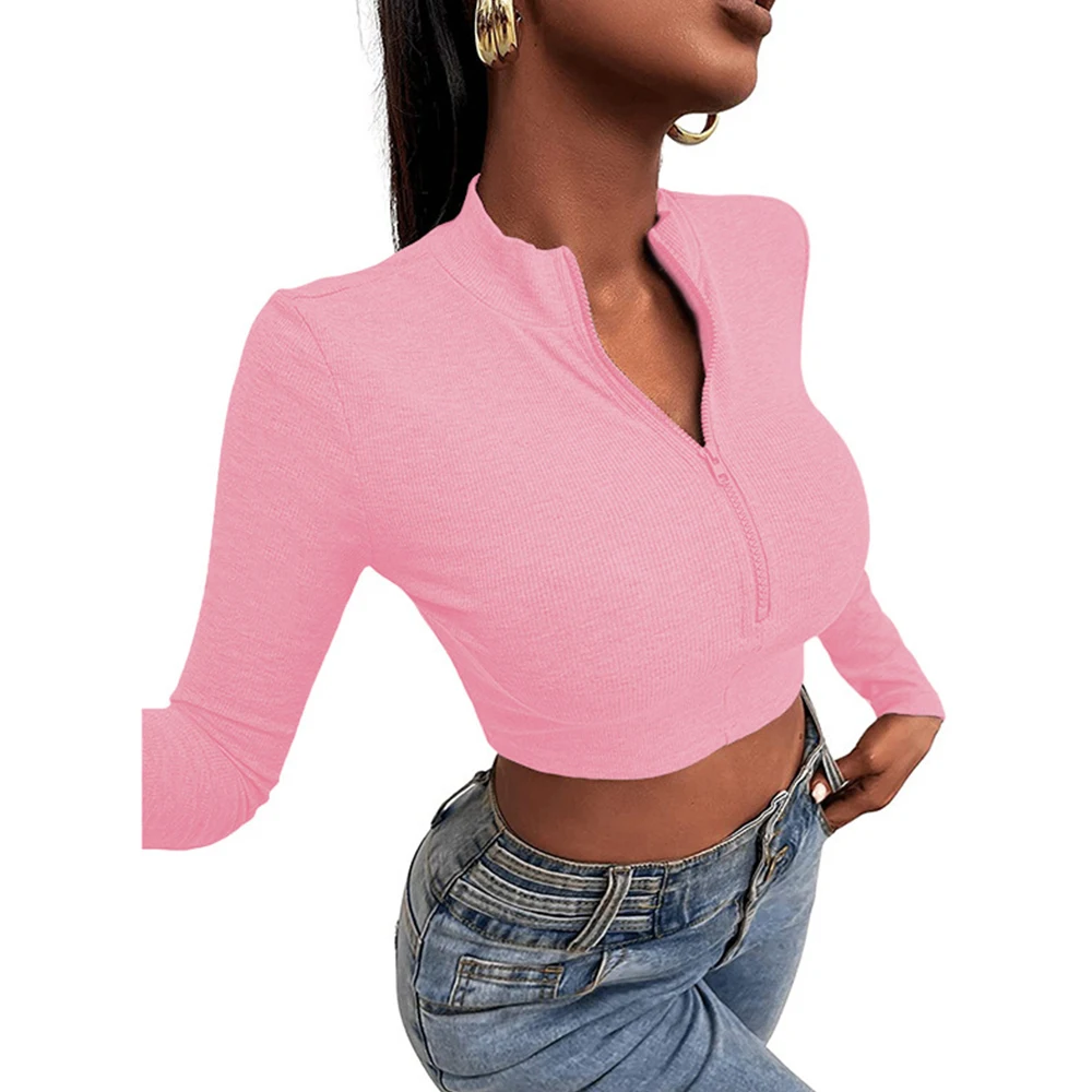 

Y2K Solid Knitted Bodycon Crop T-shirts Women's Sexy V Neck Long Sleeve Zipper Crop Top Elegant Warm Knit T-shirts Sweater Tees