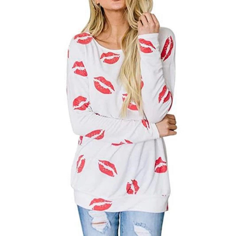 Женщин сезона весна осень Губ печатных футболка для девочек Осенняя с длинными