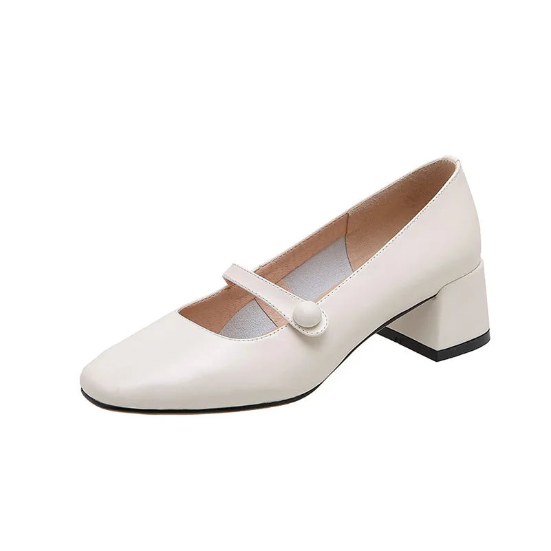 

ANNYMOLI Woman Real Leather Pumps Mary Janes Shoes Square Toe Med Heels Button Thick Heel Pumps Dress Female Footwear Beige 40