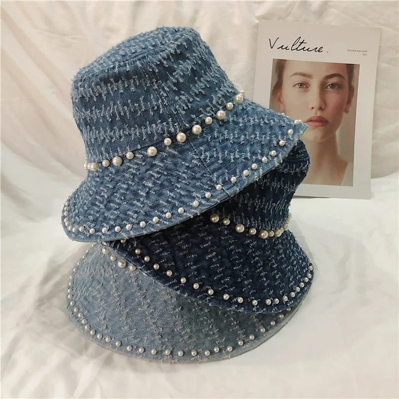 Summer Wild Pearl Denim Bucket Hats Fashion Statement Distressed Design Sun Hats for Women Travel Sunscreen Essentials
