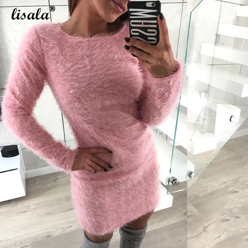 Женское плюшевое платье с круглым вырезом и длинным рукавом | Женская одежда