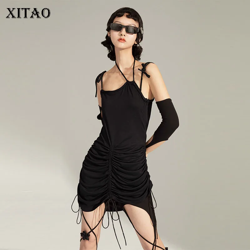 

XITAO Strapless Dress Sexy Off Shoulder Drawstring Solid Color 2021 Sheath Pleated Goddess Fan Casual Style Dress Top CLL1855