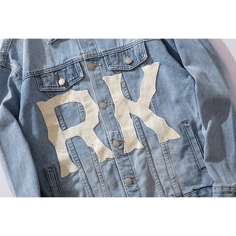 

Blue Head Patchwork Hole Frayed Letter Print Denim Jacket Male Hip Hop High Street Jeans Jackets Casual Men Bomber Jacket Coats
