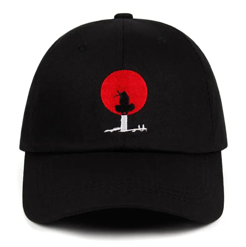 Черный Uchiha Itachi Akatsuki Аниме Наруто папа шляпа хлопок Японский Учиха Саске семья логотип вышивка бейсбольные шапки снепбеки - Цвет: Черный