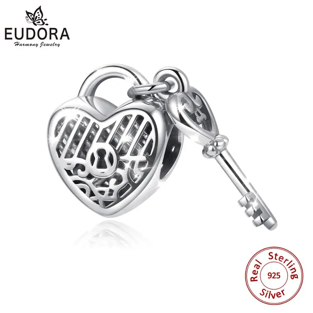 

Шармы Eudora, серебряные браслеты и ожерелья с шармами, с ключом в форме сердца, замок с кристаллами CZ, 100%, 925 пробы, с коробкой, CYZ122