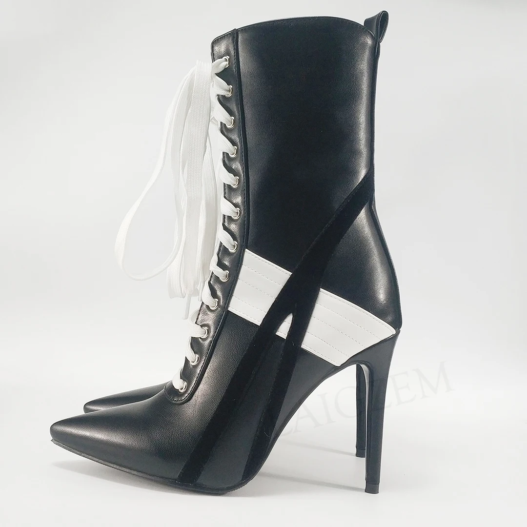 Женские черно белые ботинки laigзем на каблуке зимняя обувь молнии с острым носком