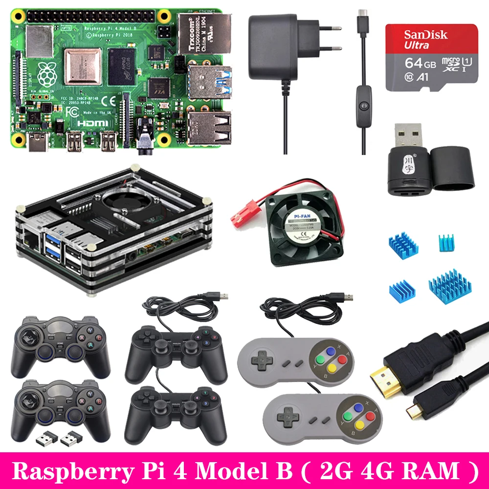 Raspberry Pi 4 2GB 4GB ram игровой комплект с usb-геймпад джойстик акриловый чехол sd-карта блок питания для Raspberry Pi 4 Модель B Pi 4B