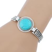 simple style silver plated alloy round green turquoises stone link chain bracelet geometric jewelry