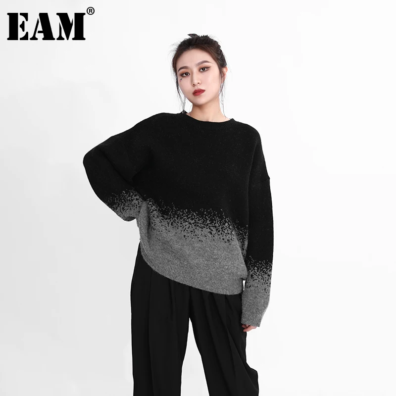 

Женский вязаный свитер EAM, пуловер с круглым вырезом и длинными рукавами, Осень-зима 2021, 1DD111001