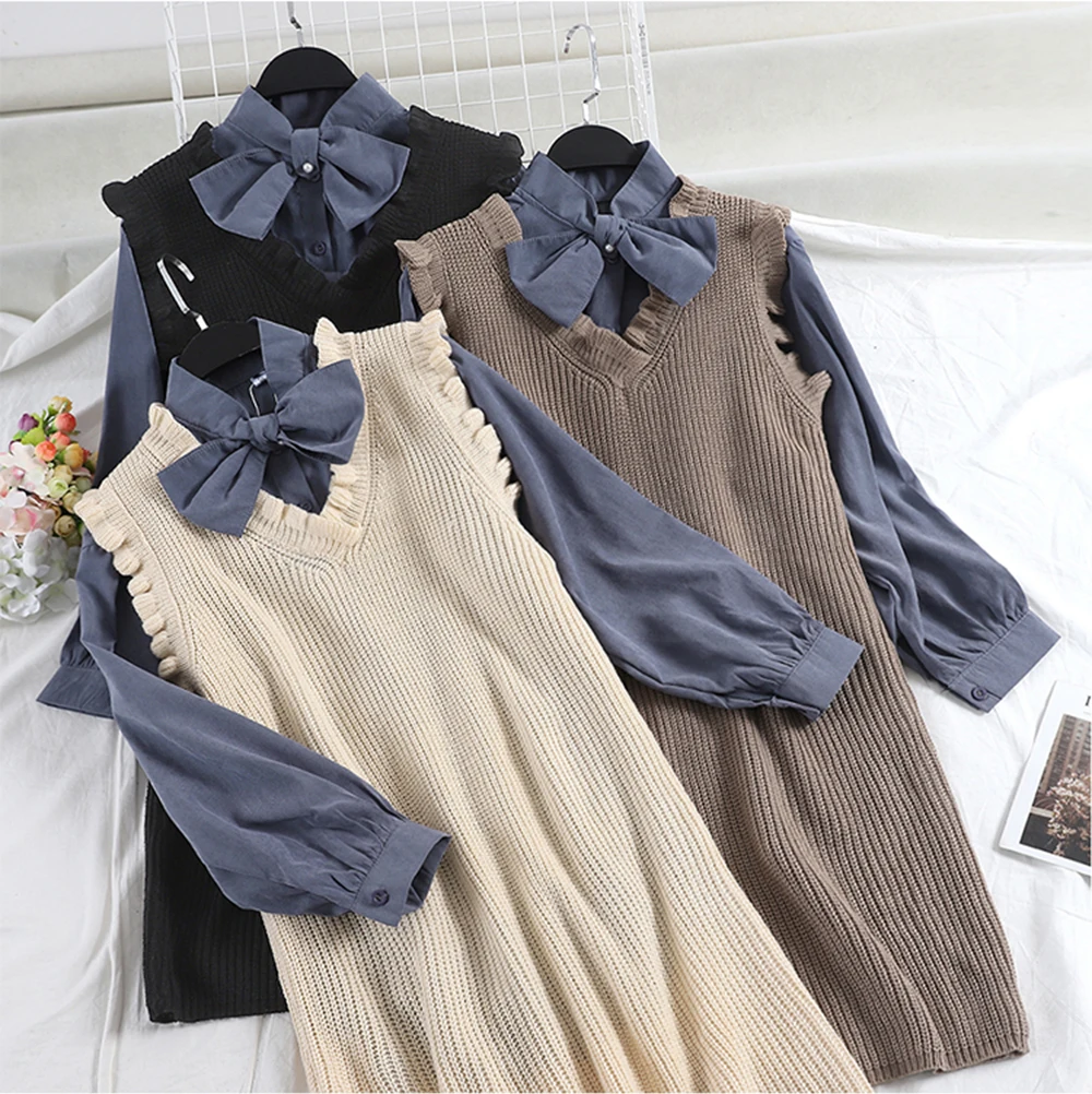 Осеннее Новое корейское трикотажное платье двойка с длинными рукавами и бантом