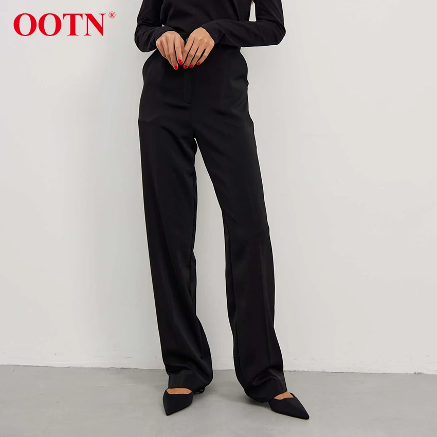 

OOTN Office Lady Black High Waist Pants 2022 Pockets Solid Long Trousers Women Casual Streetwear Pant Autumn Winter Button New