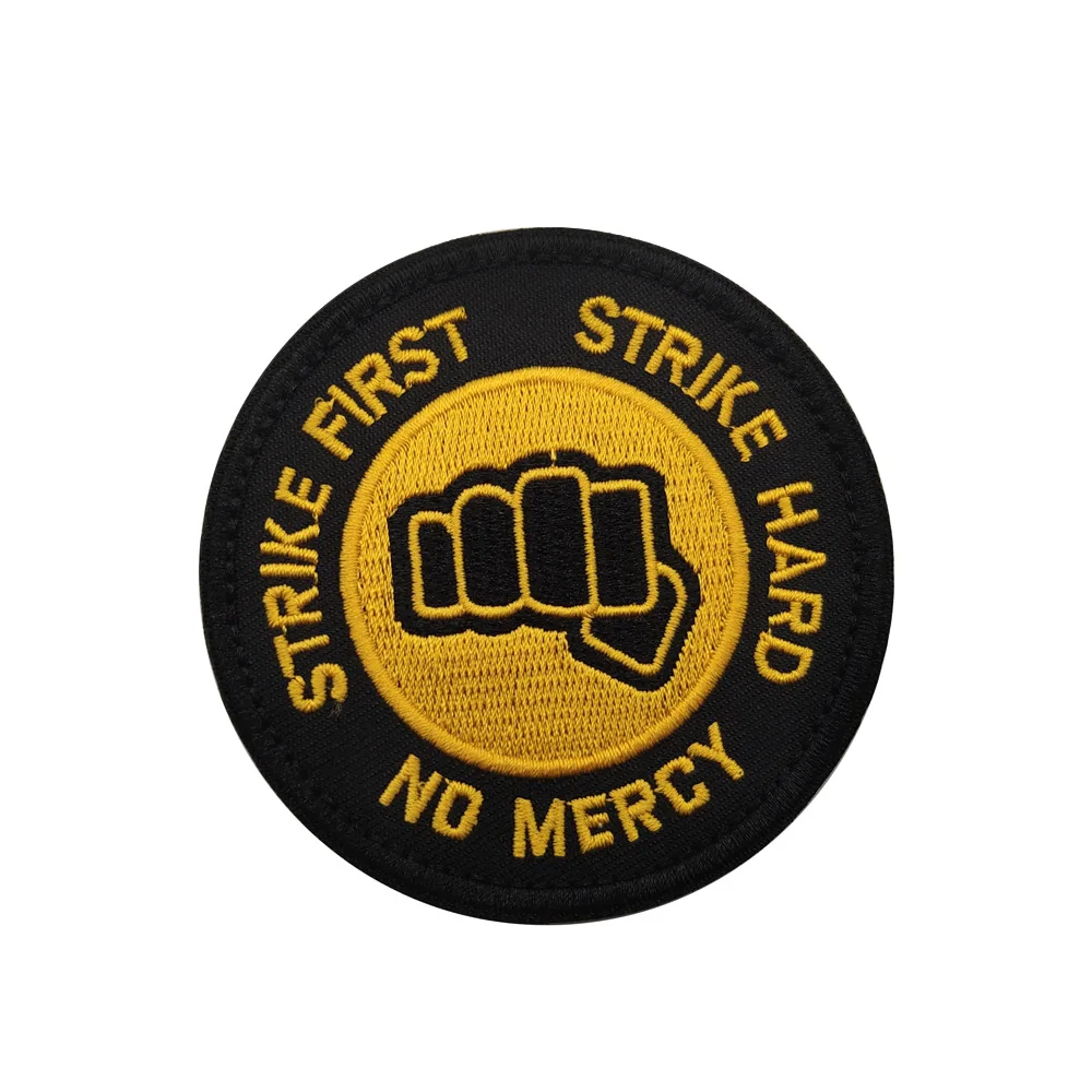 

Embroidery Strike First Strike Hard No Mercy Patch Fist Military Morale Tactical Patches Hook Back For Cap Backpack
