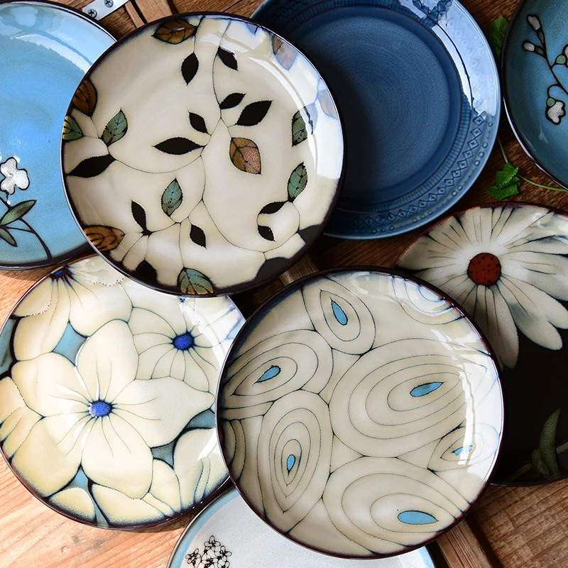 

Kitchen Dinnerware 8 inch Vintage Handpainted Floral Plates Underglaze Ceramic Round Serving Dinner Plate Dish Retro Home Decor