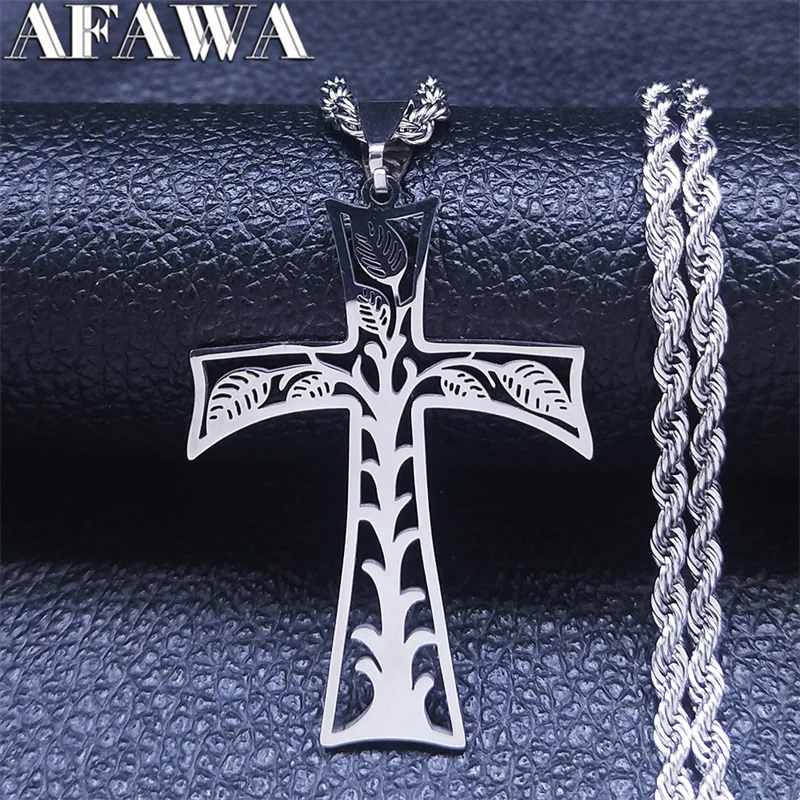 

2022 Stainless Steel Tree of Life Cross Chain Necklace Silver Color Choker Necklaces Jewelry chaine acier inoxydable N7058S02