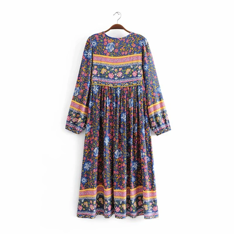 Пляжное богемное платье миди в стиле бохо с длинным рукавом и цветочным принтом