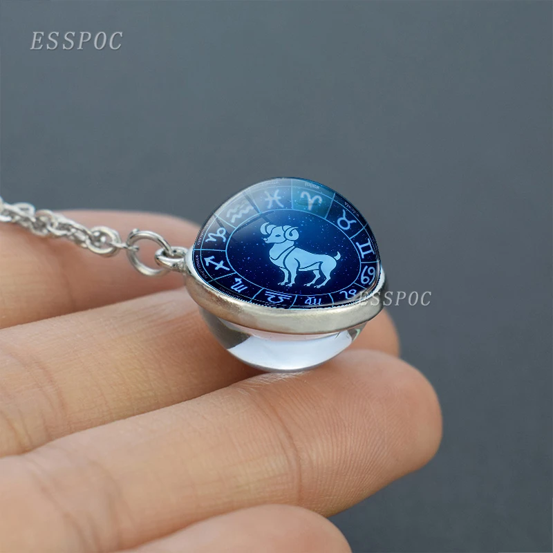 Женское двухбоковое ожерелье со стеклянным шариком 12 знаков зодиака серебряное