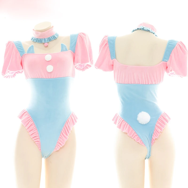 

Супер сексуальный женский розовый синий плюшевый костюм Sukumizu комбинезоны для милой девушки комплект нижнего белья с оборками одежда для сн...