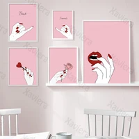 abstract art poster pink girl lips red rose painting nail polish canvas painting nordic art paintings and prints home decor room