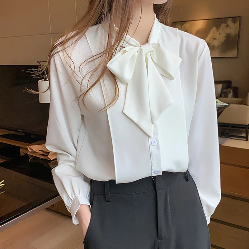 

New Bow White Blouse Women 2021 Button Office Lady Long Sleeve Blue Chiffon Shirt Autumn Tops Woman Clothes Pocket Womens Shirts