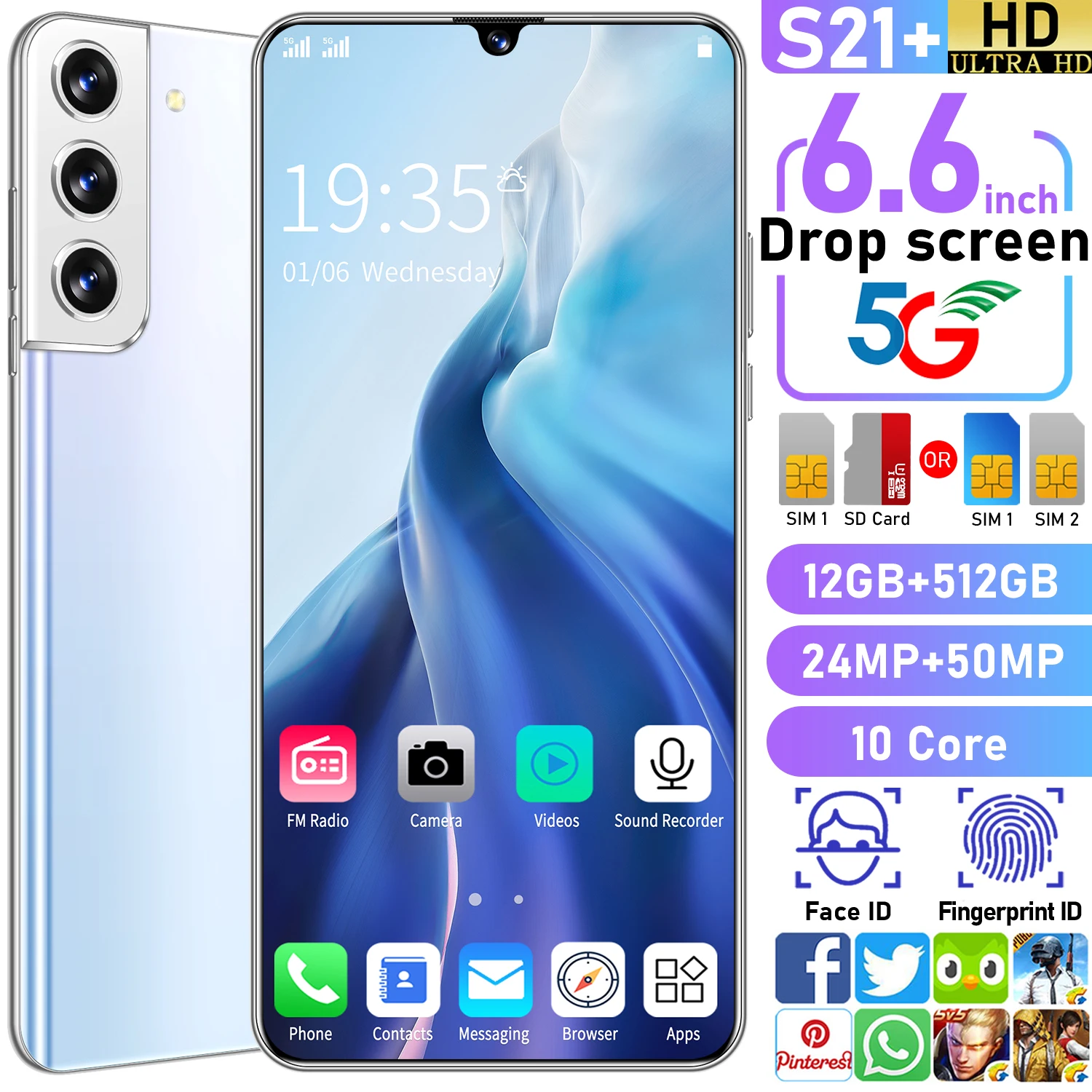 

S21+ 6.6 Inch Smartphone Full Screen Support Face Unlock Dual SIM 5G Android 10 Camera24MP+50MP 12GB+512GB Celulares Smartphone
