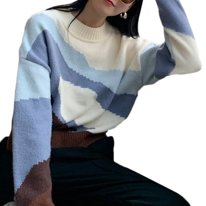

Women Autumn Long Sleeve Crew Neck Sweater Vintage Contrast Color Patchwork Pullover Tops Casual Loose Knitwear Jumper