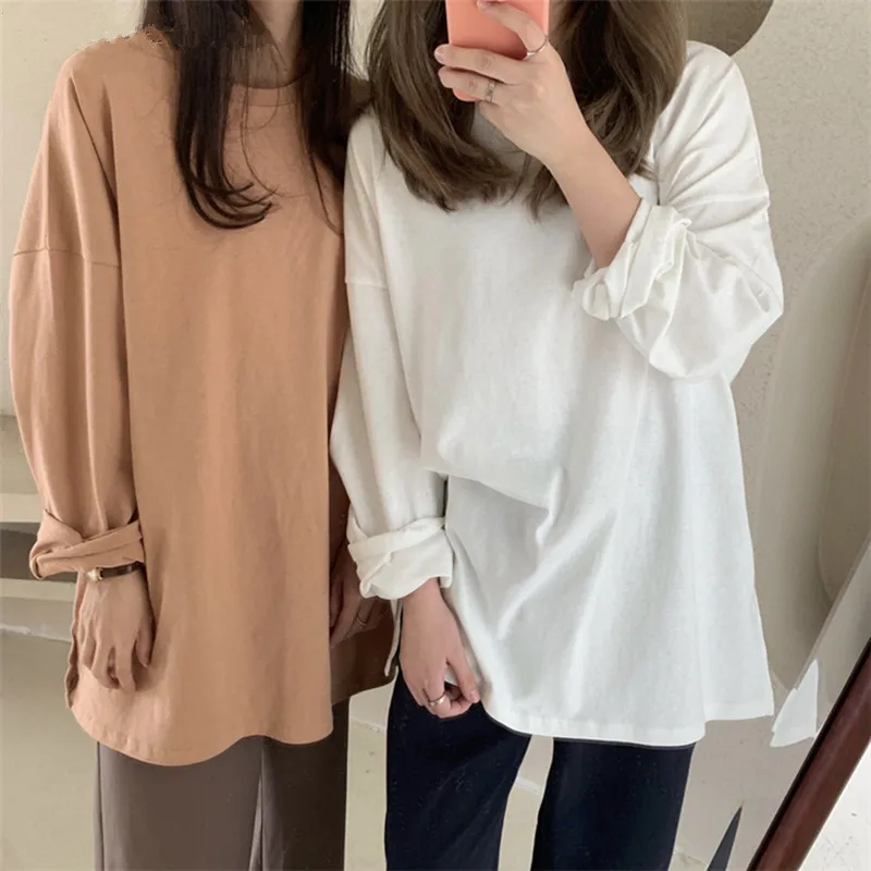 

New 2021 Women Spring Loose T-Shirts Solid Bottoming Long Sleeve Casual Korean Minimalist Style Triko Tops Tees