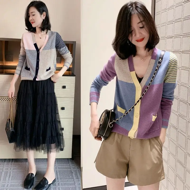 Vangull Patchwork Women Knitted Sweater Cardigans Long Sleeve Stripe Tops Fall Single Breasted Female Office |