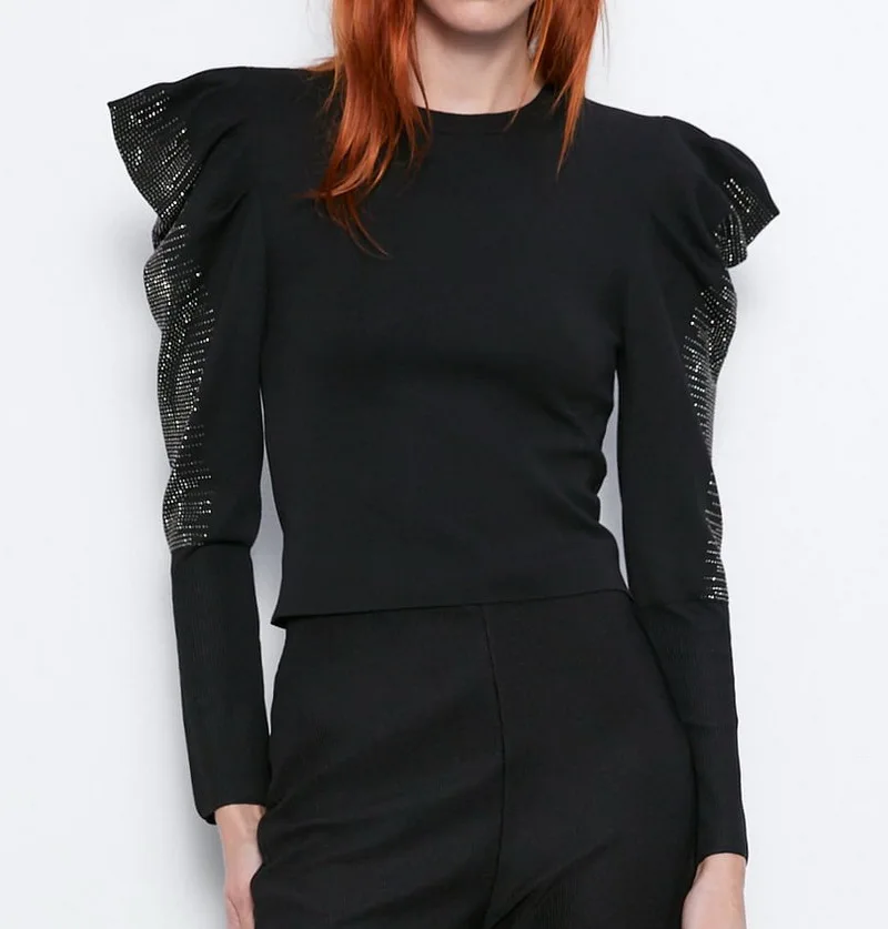 2019 za женский модный вязаный свитер с блестящими рукавами тонкий Топ модные