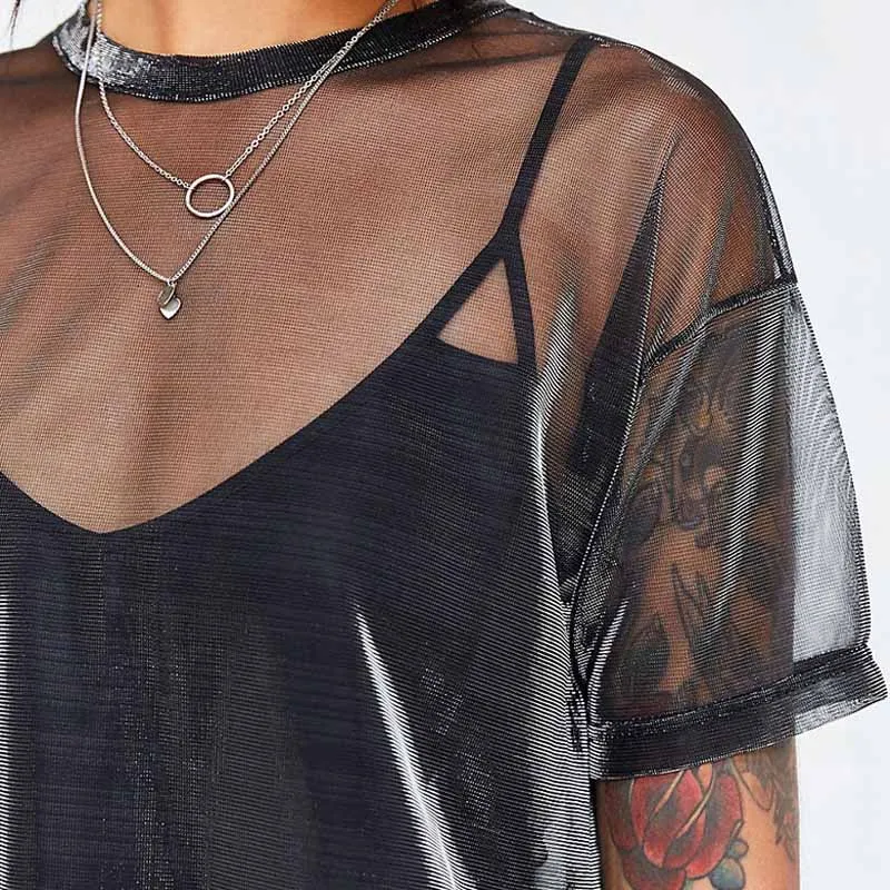 

Summer Sexy Mesh Tee See-Through Women T-shirts Short Sleeve Perspective Shine Casual Women Tops Lady Vintage Blusa