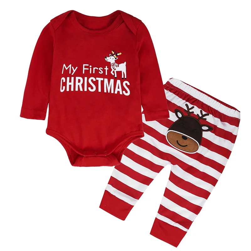 New Baby Boy Girl Newborn First Christmas Elk printed Clothes Romper Striped Trousers Infant Outfit Set Baby Birthday Gift