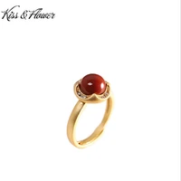 kissflower ri110 fine jewelry wholesale fashion woman girl birthday wedding gift vintage round agate 24kt gold resizable ring