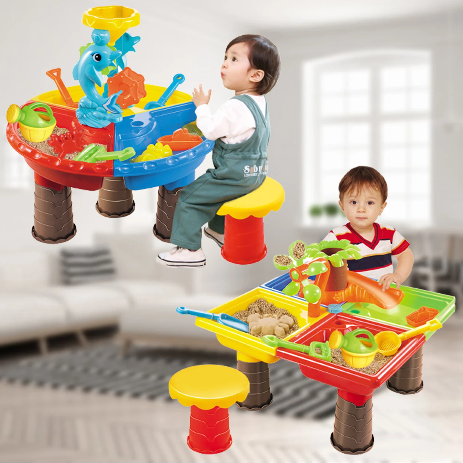

2-in-1 Water Sand Table Children Beach Table Sand Play Toys Set Water Sand Dredging Tool Sand Play Table With Table Cover