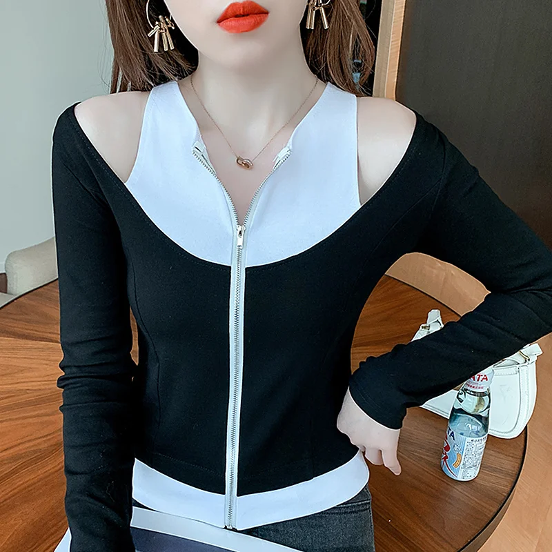 

#8853 Black White Spliced Color Hip Hop T Shirt Women O Neck Zipper Off Shoulder T Shirt Cotton Streetwear Hip Hop T-shirt Sexy