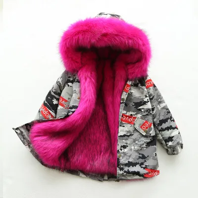 Camo Red Rose Пальто с мехом для девочек; куртка с искусственным лисьим мехом; зимняя детская одежда; камуфляжная верхняя одежда для мальчиков и девочек; детское меховое пальто; TZ155 - Цвет: Camo Red Rose