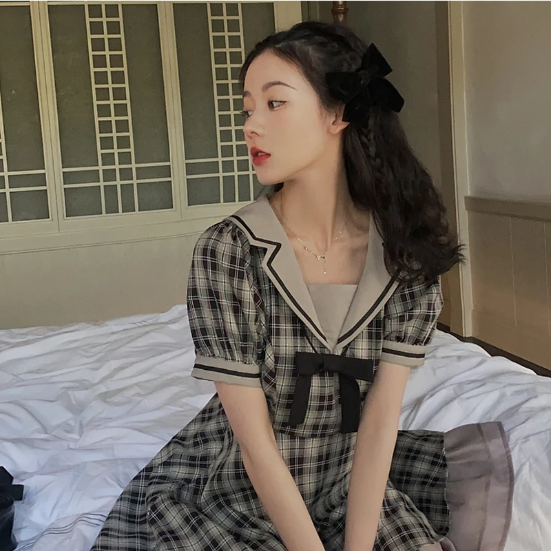 

Women Mini Dress Preppy Style Plaid Black Color Check Print Bow A-Line Dress College Japanese Kawaii Mori Girl Clothing