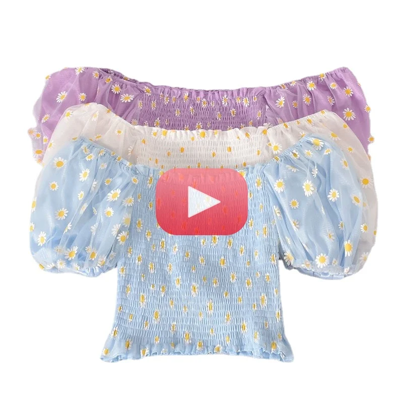 

New Short Puff Sleeve Ruched Blouse Summer Floral Chiffon Shirt Women's Mesh Splicing Off Shoulder Crop Top