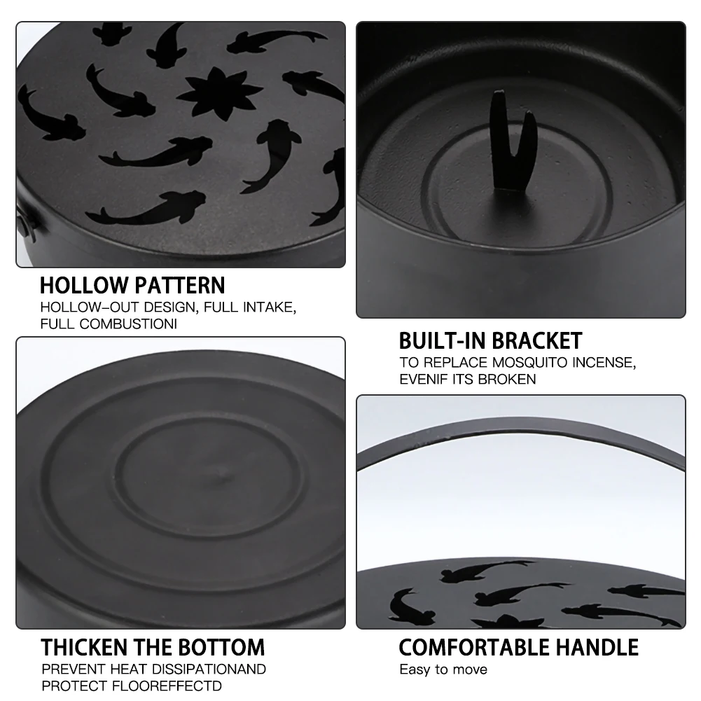 

Metal Mosquito Repellent Box Cover Round Coil Holder Incense Plate Safety Windproof(Black)