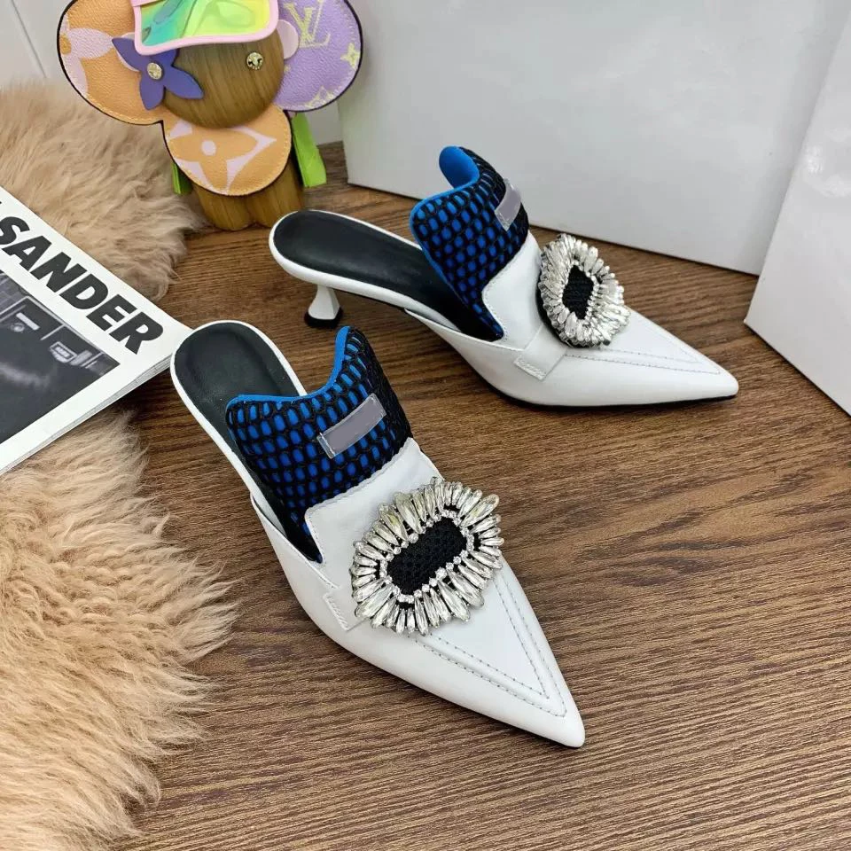 

2021 new summer fashion leather pointed strange style crystal flower stitching stiletto high heel sandals and slippers women